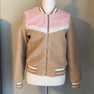New Look Colorblock Teddy Bomber Jacket Size S
